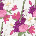 Vector floral seamless pattern with gladiolus flowers, lilies and roses Royalty Free Stock Photo