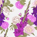 Vector floral seamless pattern with gladiolus flowers, roses and peonies