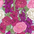 Vector floral seamless pattern with hand drawn gladiolus flowers and roses Royalty Free Stock Photo