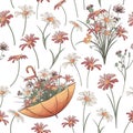 Vector floral seamless pattern with illustration of bouquets and wildflowers: daisies, herbs, thistles.