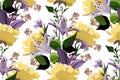 Vector floral seamless pattern with lilac lilies. Purple, yellow and coffee-colored flowers and green leaves on a white Royalty Free Stock Photo