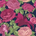 Vector floral seamless pattern with lilies, peonies, red and pink roses on dark blue background Royalty Free Stock Photo