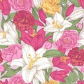 Vector floral seamless pattern with lilies and roses Royalty Free Stock Photo