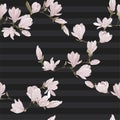 Vector floral seamless pattern of magnolia set. Floral pink images on a black striped background. Textile design elements.