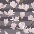 Vector floral seamless pattern of magnolia set. Floral pink images on a violet striped background. Textile design elements Royalty Free Stock Photo