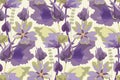 Vector floral seamless pattern with mallows. Purple flowers, olive-colored leaves on a light background.