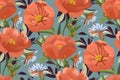 Vector floral seamless pattern. Orange and coral-colored flowers, leaves and herbs.