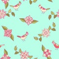 Vector floral seamless pattern. Ornamental flowers and birds.
