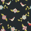 Vector floral seamless pattern. Ornamental flowers and birds.