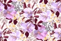 Vector floral seamless pattern. Pink, purple and yellow flowers with burgundy leaves. Royalty Free Stock Photo