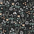 Vector floral seamless pattern with plants, flowers and birds, doodle scandinavian background
