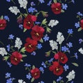 Vector floral seamless pattern with red pansies and forget me not flowers Royalty Free Stock Photo