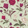 Vector floral seamless pattern with roses, tulips and chrysanthemum on green background