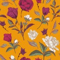 Vector floral seamless pattern with roses, tulips and chrysanthemum on orange background Royalty Free Stock Photo