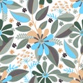 Vector floral seamless pattern with simple flowers, leaves, twigs. Royalty Free Stock Photo