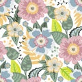 Vector floral seamless pattern with simple flowers, leaves, twigs. Royalty Free Stock Photo