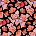 Vector floral seamless pattern. Stylized abstract flowers on a black background. Royalty Free Stock Photo