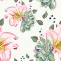 Vector floral seamless pattern with summer herbs, succulent, berries and pink royal lilies. Royalty Free Stock Photo