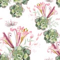 Vector floral seamless pattern with summer herbs, succulent and pink royal lilies. Royalty Free Stock Photo