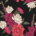 Vector floral seamless pattern with tulips, gladiolus and dahlias