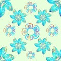 Vector floral seamless pattern, turquoise, yellow, brown, plain cream background