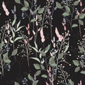 Vector floral seamless pattern with wild meadow flowers, herbs, grasses and branch of berries. Royalty Free Stock Photo