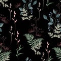 Vector floral seamless pattern with wild meadow flowers, herbs, grasses, leaves and branch of berries.