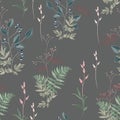 Vector floral seamless pattern with wild meadow flowers, herbs, grasses, leaves and branch of berries. Royalty Free Stock Photo