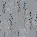 Vector floral seamless pattern with wild meadow flowers, herbs and grasses. Royalty Free Stock Photo