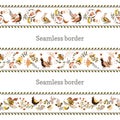 Vector floral set of seamless ornament border with flowers and birds in russian folk art painting style, Royalty Free Stock Photo