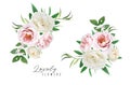 Vector floral spring, summer bouquet illustration. Dusty pink, ivory cream white rose flowers, green leaves, illustration. Royalty Free Stock Photo
