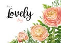 Vector floral watercolor card design: pink peach rose Ranunculus flowers Eucalyptus greenery, fern leaf natural corner frame