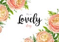 Vector floral watercolor style card design: pink peach rose Ranunculus flowers Eucalyptus greenery, fern frond leaves natural Royalty Free Stock Photo