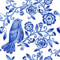 Vector floral watercolor texture pattern with blue flowers and birds