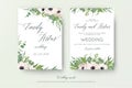Vector floral wedding double invite, invitation, save the date card design with mauve pink anemones, eucalyptus branches, cute whi