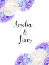 Vector floral wedding invitation with blue hydrangeas, peonies in watercolor style. Royalty Free Stock Photo