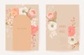 Vector floral wedding invitation card, dry flowers template design with dahlia, anemone, frame set