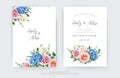 Vector, floral wedding invite, invitation, greeting card. Blue hydrangea, peach, pink, yellow rose flowers, green eucalyptus Royalty Free Stock Photo