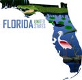 Vector Florida - American state map with alligator, spoonbill, coot and turtle Royalty Free Stock Photo