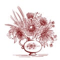 Vector floristic composition. Vintage bouquet of wildflowers in vase isolated on white. Sketch hand drawn vector close-up