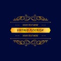 Vector Flourish Frame Template, Golden Border on Dark Blue Background, Vintage Design Element.