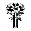 Vector Flower Cross, Religious cross decorated with sunflowers. Faith Cross, Religious Vector illustration