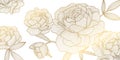 Vector flower golden pattern, roses line japanese style illustration. Luxury hand drawn florals for packaging, social