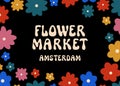 Vector Flower Market Amsterdam wall art poster. Floral groovy psychedelic design. Trippy simple geometric flower market room decor