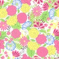 Vector flower pattern. Colorful seamless botanic texture, detailed flowers illustrations. Doodle style, spring floral
