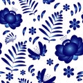 Vector flower seamless pattern background in traditional Russian Gzhel pottery ornament Royalty Free Stock Photo