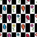 Vector Flowers and Birds in Red Blue Purple Yellow Green on White and Black Seamless Repeat Pattern. Background for Royalty Free Stock Photo