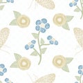 Vector Flowers in Blue Gold with Green Leaves and Gold Butterflies on White Background Seamless Repeat Pattern Royalty Free Stock Photo