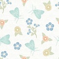 Vector Flowers in Blue Gold Orange with Green Leaves and Butterflies on White Background Seamless Repeat Pattern Royalty Free Stock Photo