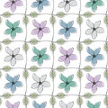 Vector Flowers in Blue Gray Pink Aqua in Green Leaves Grid on White Background Seamless Repeat Pattern. Background for